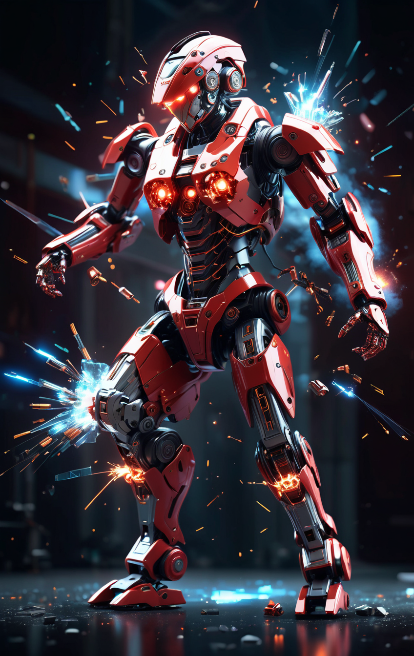 cybrk, sparks, dark red exploding full body mechanical translucent robot, dismantled, floating parts, shattered, highly detailed, cinematic, motion blur, scifi atmosphere <lora:sparks-xl:1.2> <lora:cybrk-knight:1>