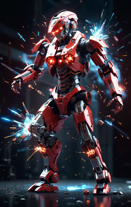 cybrk, sparks, dark red exploding full body mechanical translucent robot, dismantled, floating parts, shattered, highly detailed, cinematic, motion blur, scifi atmosphere <lora:sparks-xl:1.2> <lora:cybrk-knight:1>