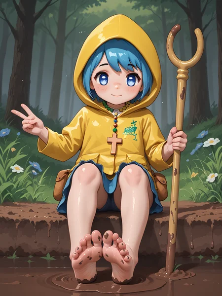 <lora:Luce (Jubilee 2025) PDXL:0.85> luce, staff, barefeet, muddy feet