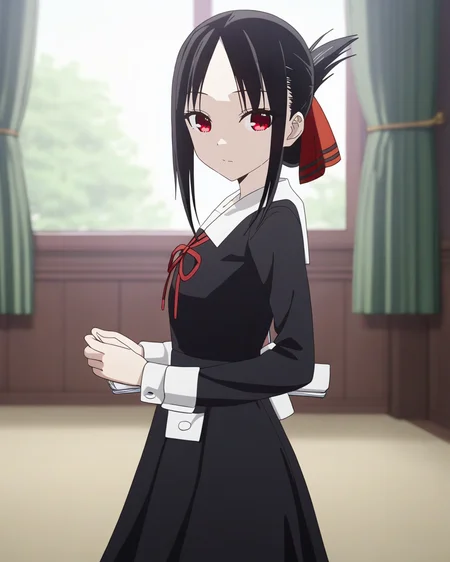 best quality,masterpiece,highres,1girl,solo,newest,rating: general, looking at viewer , <lora:Kaguya_XL-step00001600:0.9> ,(kaguya, bangs, black hair, red eyes, sidelocks, shinomiya kaguya,folded ponytail,parted bangs),hair ribbon, ribbon, red ribbon, , dress, black dress, school uniform, shuuchiin academy school uniform