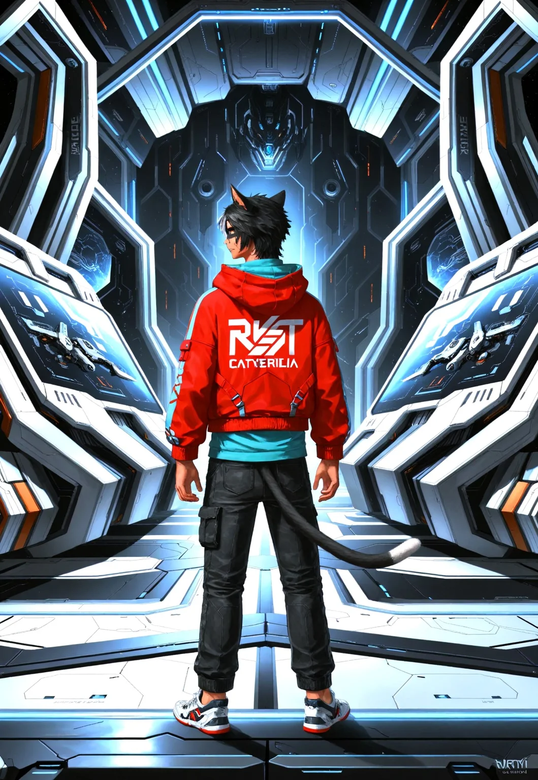 masterpiece, best quality, KrhisT1A, 1boy, hood, animal ears, solo, tail, cat ears, cat tail, shoes, science fiction, black hair, hoodie, from behind, sneakers, pants, hood down, short hair, cat boy, jacket, standing, red jacket, long sleeves, facepaint