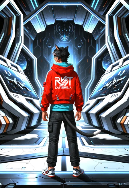masterpiece, best quality, KrhisT1A, 1boy, hood, animal ears, solo, tail, cat ears, cat tail, shoes, science fiction, black hair, hoodie, from behind, sneakers, pants, hood down, short hair, cat boy, jacket, standing, red jacket, long sleeves, facepaint