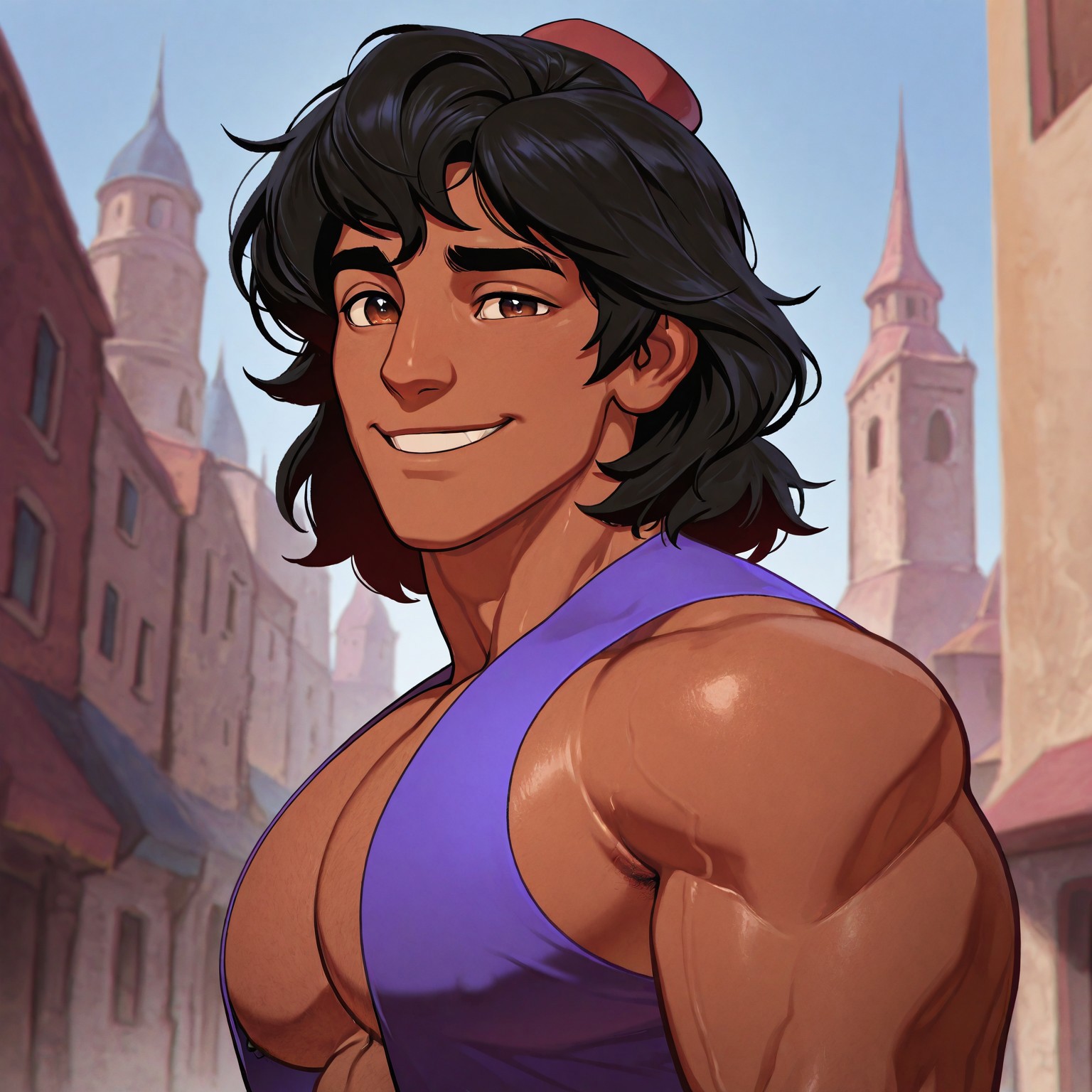 masterpiece, best quality, absurdres, newest, perfect quality, best quality, absolutely eye-catching, detailed background, intricate details, bara, 1boy, male, male focus, solo, brown skin, dark skin, black hair, messy hair, brown eyes, thick eyebrows, purple vest, sleeveless, bara, muscular, large pectorals, large biceps looking at viewer, face close-up, portrait, looking at viewer, side view, smile, Arab city scenery, very awa, best quality, absurdres, newest, perfect quality, detailed background, intricate details, (artist:rokudenashi:0.8), (artist:dizdoodz:0.7), (artist:gomtang:0.6)