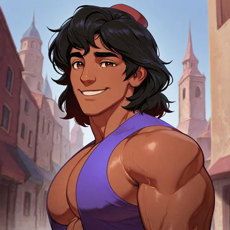 masterpiece, best quality, absurdres, newest, perfect quality, best quality, absolutely eye-catching, detailed background, intricate details, bara, 1boy, male, male focus, solo, brown skin, dark skin, black hair, messy hair, brown eyes, thick eyebrows, purple vest, sleeveless, bara, muscular, large pectorals, large biceps looking at viewer, face close-up, portrait, looking at viewer, side view, smile, Arab city scenery, very awa, best quality, absurdres, newest, perfect quality, detailed background, intricate details, (artist:rokudenashi:0.8), (artist:dizdoodz:0.7), (artist:gomtang:0.6)