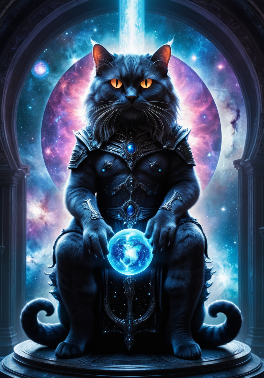 Vibrant Rim Light, hyperrealist photo of galactic emperor of chaos and mandelbulb throne, most bulky cat lord of  the universe, (commanding mortals random pose:2.0),  immense pathos, haughtiness, galaxy palace, Dark art, biblical scale, blockbuster  <lora:xl_more_art-full_v1:0.5> <lora:zhibi:0.5> zhibi, back lighting, beautiful lighting, colored rim light, high contrast