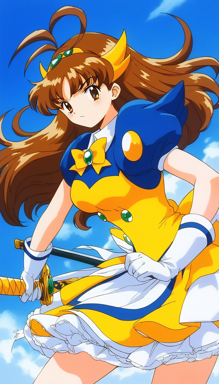 score_9, score_8_up, score_7_up, source_anime, rating_explicit, BREAK  <lora:Tsurugino_Mai_XL:1> Tsurugino_Mai, 1girl, solo, brown hair, weapon, gloves, sword, long hair, holding,  medium breasts,
brown eyes, bow, yellow bow, holding weapon, holding sword, magical girl, 
hairband, skirt, short sleeves, white gloves, Yellow armor, dress, white skirt, blue shoulder armor,
looking at viewer, antenna hair, puffy sleeves, bangs, puffy short sleeves,
outdoor, day, sky,