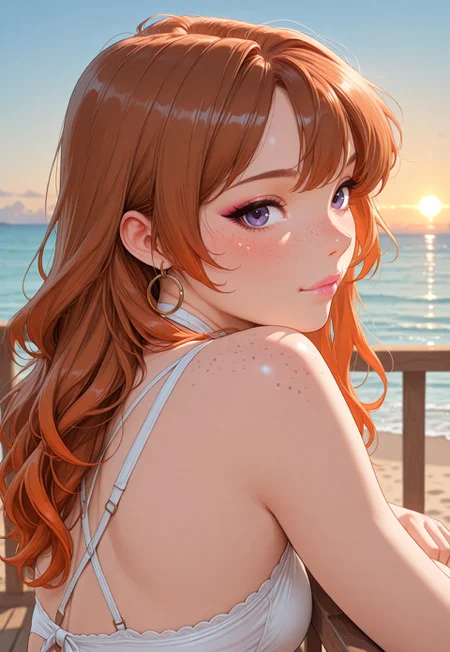 Beautiful, ultra high quality, very detailed, 8k, detail focus, civchan,( auburn  gradient hair:1.3), medium wavy hair, cute face, perfect face, purple eyes, small nose, soft features, perfect makeup, pink lipstick, lip gloss, eyeliner, mascara, eyelashes, perfect skin, blush, gold hoop earrings, necklace, enticing look, lustful,  sexy, attractive, (zoomed out:1.2), masterpiece, highest quality, 1girl, freckles ,( body turned to side:1.2), (face turned toward viewer:1.2), side profile of ass, leaning on wooden railing, beach background, sunset, beautiful sky
