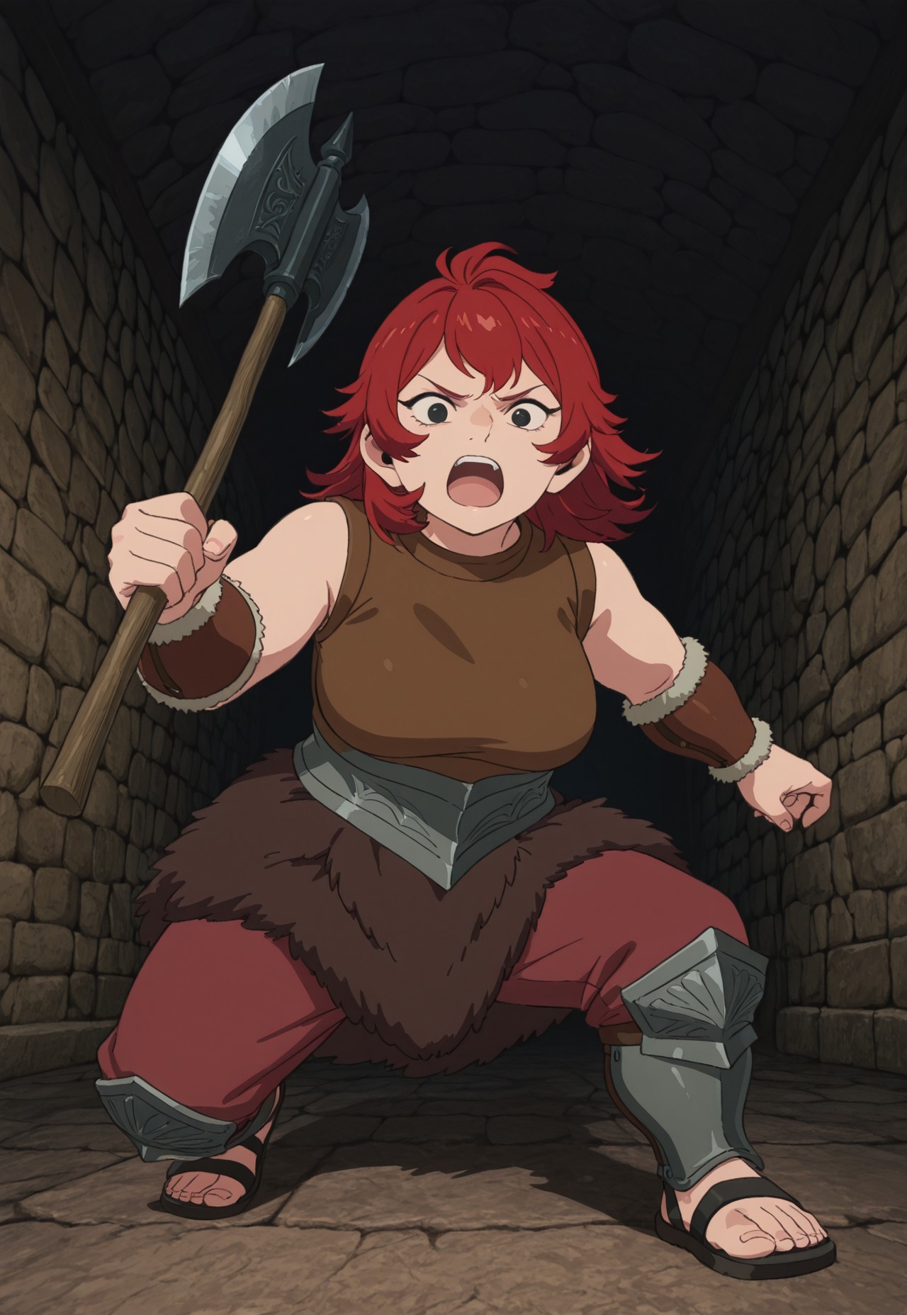 safe_pos, safe_pos, score_9, score_8_up, score_7_up, masterpiece, best quality, very aesthetic, absurdres, amazing quality, high resolution, ultra-detailed, volumetric lighting, newest, scenery, DunMeshi_Namari, 1girl, solo, dwarf, red hair, medium hair, black eyes, large breasts, brown sleeveless shirt, brown arm guards, fur-trimmed bracer,  metal belt, fur skirt, red pants under skirt, shin guards, black sandals, open mouth, angry, holding axe, battle axe, dynamic pose, perspective, dungeon, dark, looking at viewer