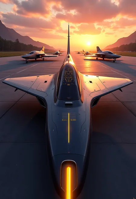 yfg-srs A digital artwork, the image is featuring several futuristic, highly advanced stealth spy planes parked on a large military airfield, with a fuselage made of a dark gunmetal alloy and the cockpit shows glowing led lights, and is covered in intricate neon yellow electrical circuitry; the engines have large air intakes; the airfield is on a lush planet, and contains intricate cyberdyne towers and structures, sunset, vivid sky.