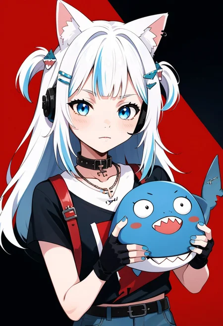 score_9, score_8_up, score_7_up, source_anime, beautiful detailed face, BREAK, GAWR GURA,
1girl, solo, long hair, blush, bangs, blue eyes, shirt, hair ornament, gloves, holding, animal ears, jewelry, closed mouth, blue hair, weapon, short sleeves, grey hair, multicolored hair, choker, black gloves, hairclip, virtual youtuber, cat ears, fingerless gloves, necklace, nail polish, collar, two side up, streaked hair, animal ear fluff, black shirt, headphones, piercing, cross, instrument, blue nails, black collar, shark hair ornament, gawr gura, bloop \(gawr gura\)