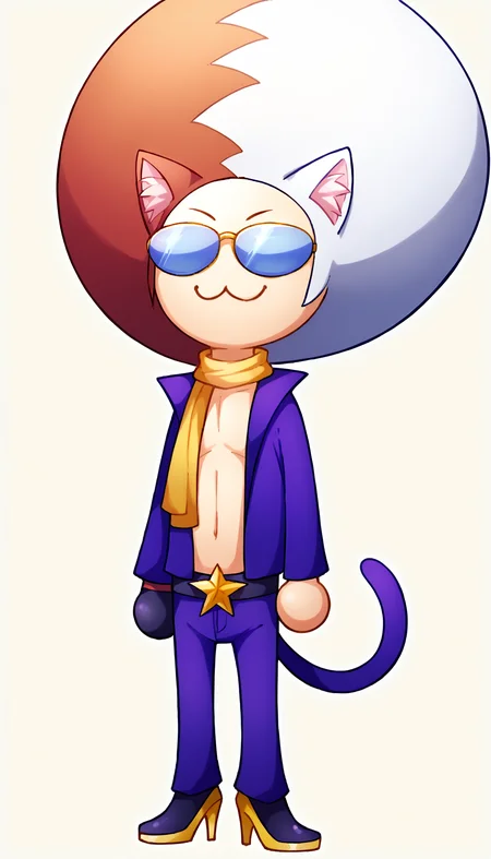 score_7_up, score_6_up, source_anime
BREAK
mirorb, necoarccon, 1boy, solo, looking at viewer, (cat ears:1.2), :3, chibi, full body, afro, two-tone hair, scarf, sunglasses, purple suit, open clothes, purple pants, high heels, single glove, belt, white background, simple background <lora:mirorb:.9> <lora:necoarccon-guy-PONYv1:1>