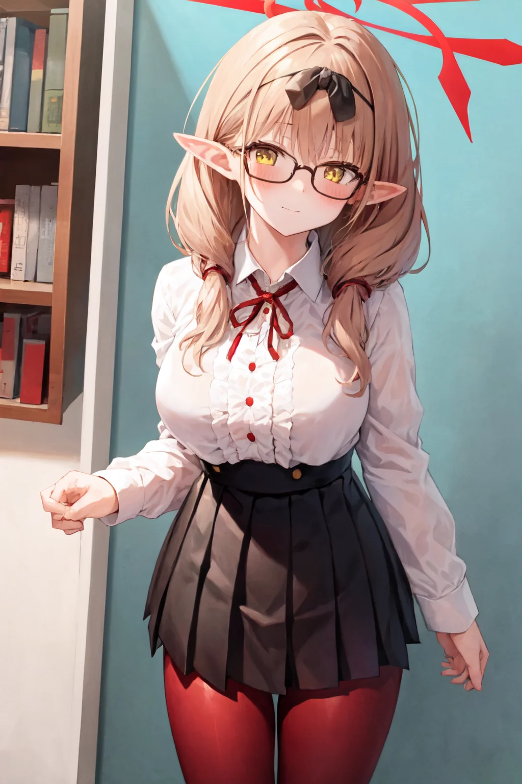 masterpiece, best quality, ultra-detailed, 1girl, chinatsu, halo, white shirt, black skirt, red thighhighs, red pantyhose, standing, indoors, upper body <lora:chinatsuV2:1>