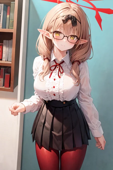 masterpiece, best quality, ultra-detailed, 1girl, chinatsu, halo, white shirt, black skirt, red thighhighs, red pantyhose, standing, indoors, upper body <lora:chinatsuV2:1>