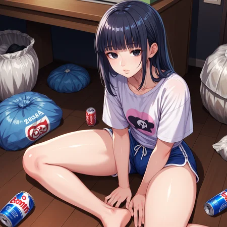 score_9, score_8_up, score_7_up, score_6_up, indoors, sitting on floor, (trash bag:1.1), soda can, wooden floor, dark background, night, <lora:zenraqq:0.8> zenraqq, femboy, otoko no ko, ((oversized shirt)), dolphin shorts, sitting on floor, holding controller, black hair, blunt bangs, long hair, black eyes, empty eyes, parted lips, lips,