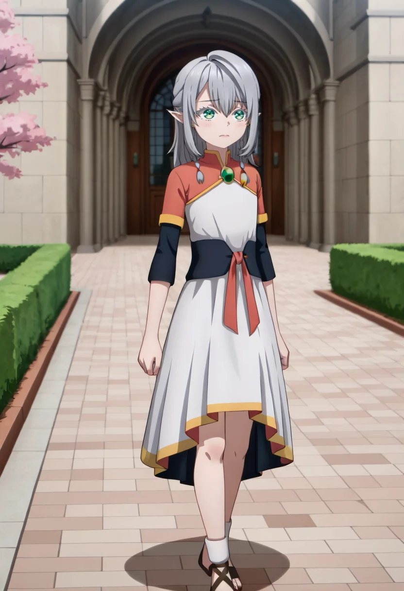 <lora:Young Tessia_IL:1>Young Tessia, 1girl, gray hair, pointed ears, elf, green eyes, white asymmetrical dress with yellow trim, red sash waist tie, black long-sleeve undershirt, green gem pendant necklace, white thigh-high socks, black crisscross strap shoes
City archway with cherry blossom trees