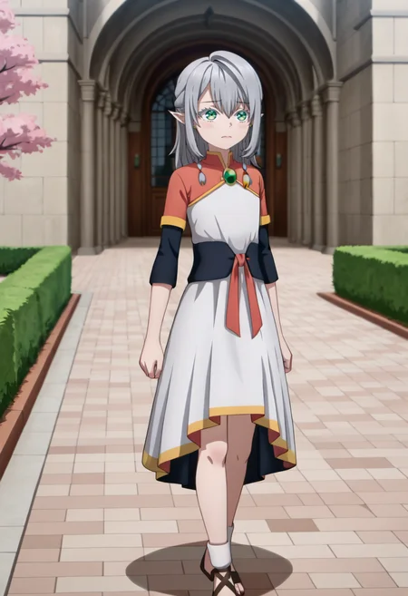 <lora:Young Tessia_IL:1>Young Tessia, 1girl, gray hair, pointed ears, elf, green eyes, white asymmetrical dress with yellow trim, red sash waist tie, black long-sleeve undershirt, green gem pendant necklace, white thigh-high socks, black crisscross strap shoes
City archway with cherry blossom trees