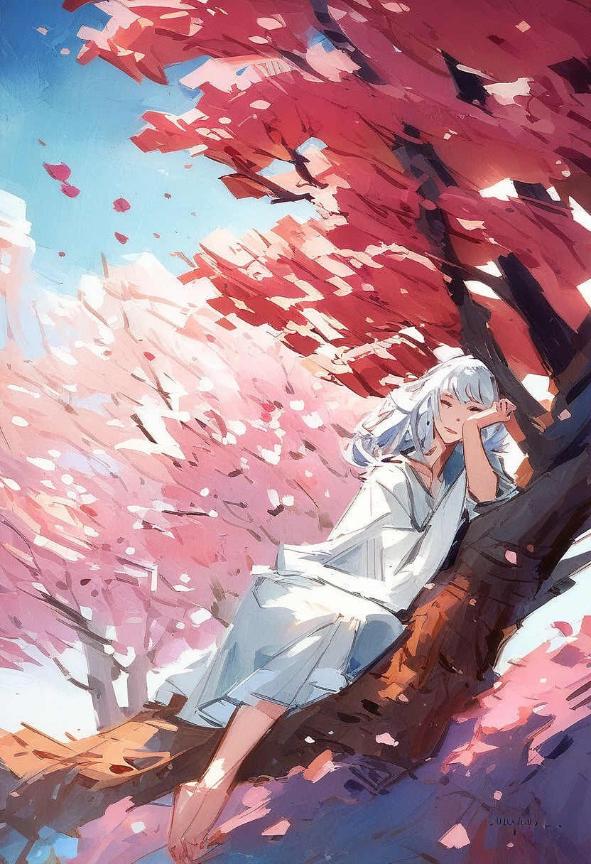 score_9, score_8_up,score_7_up, score_6_up, score_5_up, score_4_up, watercolor painting,White long haired cat, sitting under a cherry blossom tree, sakura falling, dreamy