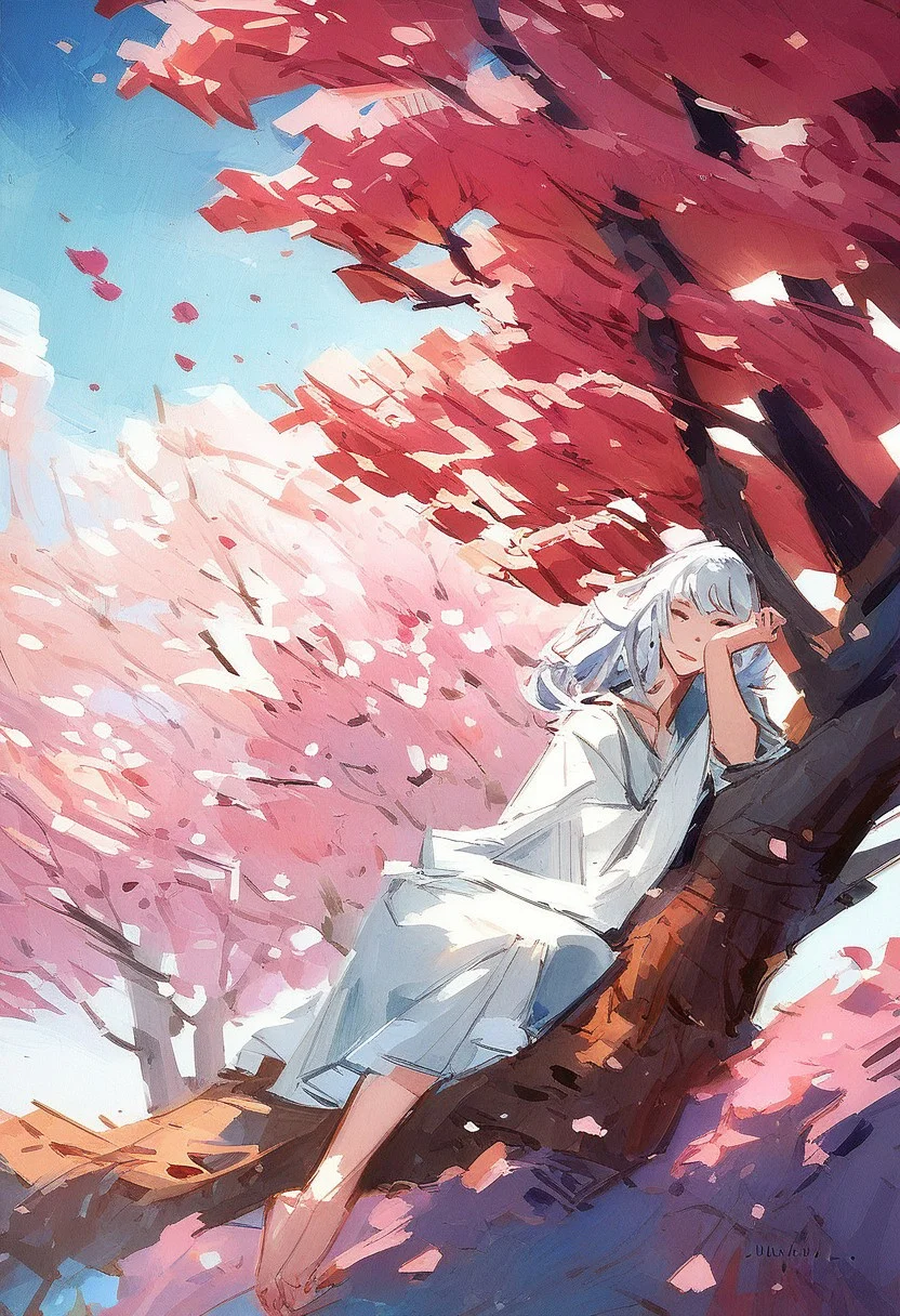 score_9, score_8_up,score_7_up, score_6_up, score_5_up, score_4_up, watercolor painting,White long haired cat, sitting under a cherry blossom tree, sakura falling, dreamy