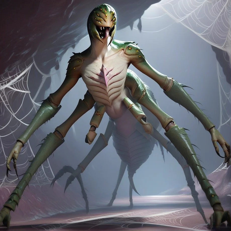 alien humanoid, score_9, score_8_up, score_7_up, 3d, dynamic pose, no human, solo (gorgon, ( 2 arms underneath chest, 2 legs), multi eyes, ) Giant, arachnid, arthropod limbs, projectile spewing webbing, large abdomen, spider legs, chitin, spiky back, yellow eyes ,mandibles, extra eyes, monster, claws, monster, teeth, sharp teeth, arachnid, skinny body, insect eyes, multiple eyes, spider webs, sci-fi theme, (detailed background, dark, cave) <lora:Gorgon_-_Evolve:0.85> <lora:Pony_DetailV1.0:1>