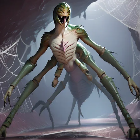 alien humanoid, score_9, score_8_up, score_7_up, 3d, dynamic pose, no human, solo (gorgon, ( 2 arms underneath chest, 2 legs), multi eyes, ) Giant, arachnid, arthropod limbs, projectile spewing webbing, large abdomen, spider legs, chitin, spiky back, yellow eyes ,mandibles, extra eyes, monster, claws, monster, teeth, sharp teeth, arachnid, skinny body, insect eyes, multiple eyes, spider webs, sci-fi theme, (detailed background, dark, cave) <lora:Gorgon_-_Evolve:0.85> <lora:Pony_DetailV1.0:1>