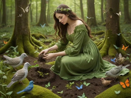 Mother nature, dressed in a mossy green gown, surrounded by birds and butterflies, kneeling, tilling the soil with her bare hands, planting seedlings  (Use Dream Diffusion Secret Prompt) <lora:add-detail-xl:0.9>
