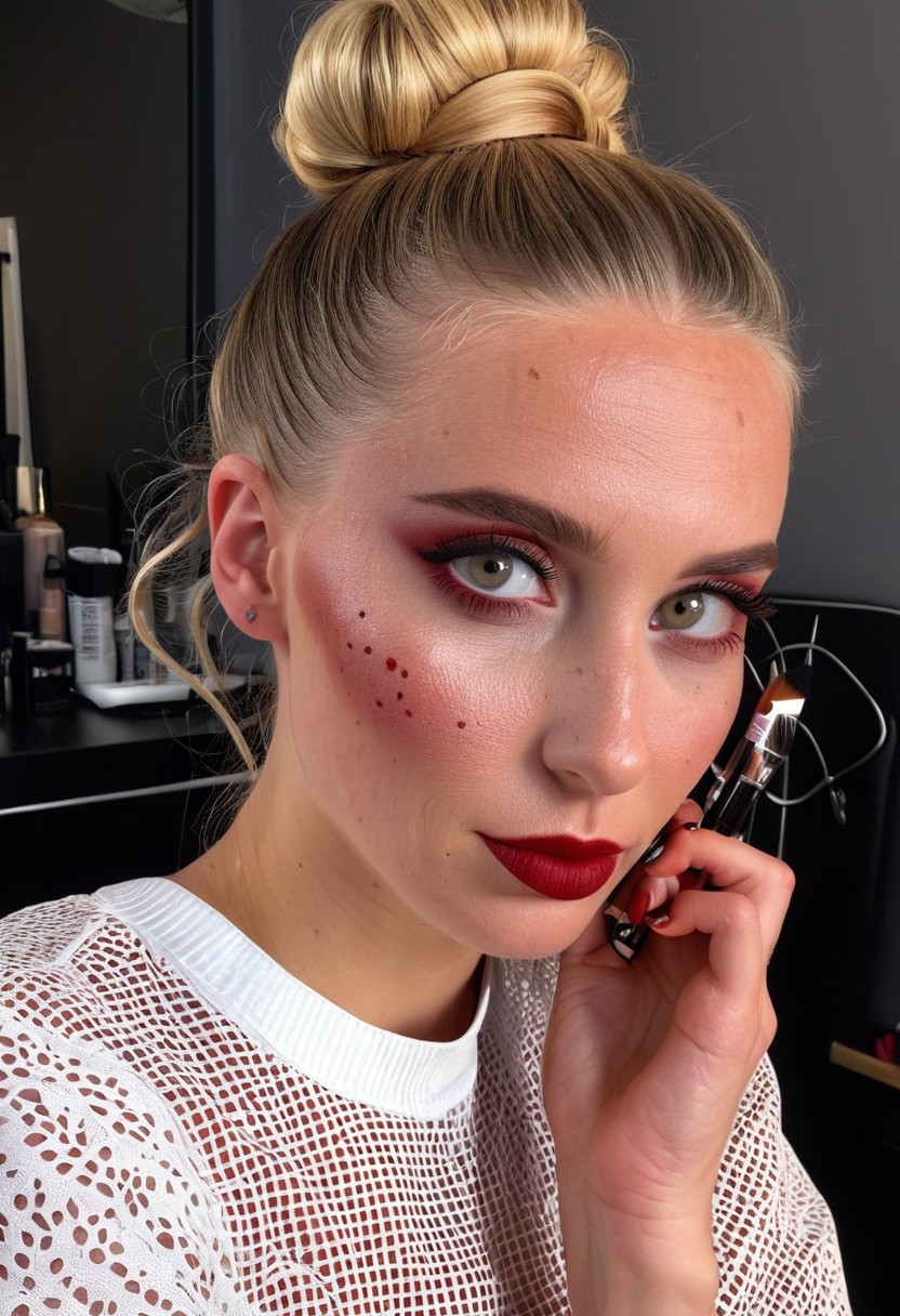 8k, RAW photo, highest quality), beautiful (white skin woman), bun and wavy hair blond   red , (detailed eyes:0., (looking at the camera:1.4), (high-resolution image), (best shadow) , skin textures, intricate details,,  in paris  beauty salon doing makeup