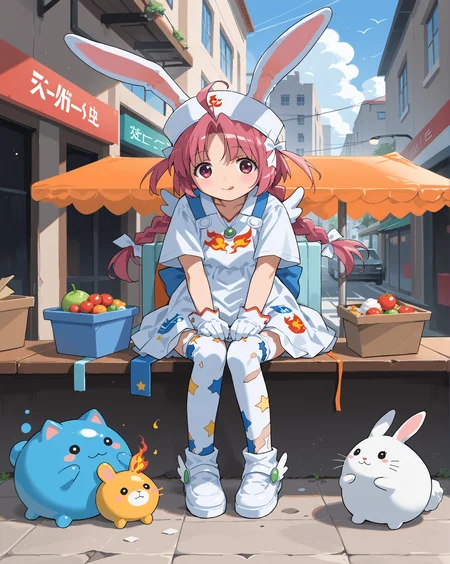 PonyScores7, source_anime, ah1, 1girl, lips, bad-hands-5, <lora:xl_more_art-full_v1:0.2>, <lora:shinyskin2:0.2> glistening skin, <lora:aesthetic_anime_v1s:0.2>, <lora:Expressive_H:0.2> Expressiveh, <lora:hairdetailpxl:0.2> hairdetailpxl, <lora:EpicF4nta5yXL:0.2>, <lora:detailxl:0.2> detailxl, <lora:Fant5yP0ny:0.2>, best quality, amazing quality, best aesthetic, absurdres, <lora:expressive eyes:0.2> expressive eyes, <lora:eyedetailpxl:0.2> eyedetailpxl, illustration, Volumetric_Lighting, ultra-detailed, very aesthetic, intricate details, 8k, masterpiece, best_quality, (Relieved face), (Minimalist Perspective shot), (City Street, Chaotic scene with billowing smoke, overturned tables and chairs from a sidewalk cafe, flames licking at awnings, shattered glass from broken windows, and scattered debris from nearby shops), (figure_four_sitting), <lora:Eyes_High_Definition:0.3> EyesHD, looking at viewer,  Stable_Yogis_PDXL_Positives, AS-Adult, <lora:nakahara_komugi_pony_v1:0.8> nakahara_komugi, pink hair,hat, animal ears, braid, pink eyes, ahoge, long hair, rabbit ears, wings, star print, jewelry, star (symbol), dress, white gloves, stickers, zettai ryouiki, print thighhighs, winged footwear,