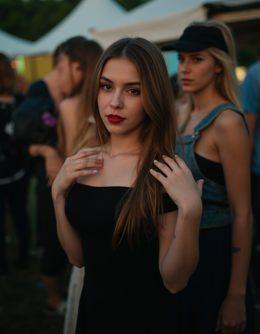 A candid shot of a young woman in the foreground, captured in a moment of contemplation. She is dressed in a simple black off-the-shoulder top, with her long brown hair cascading down her shoulders. Her makeup is subtle, with a focus on her eyes and lips, which are accentuated with a deep red lipstick. The woman's pose is relaxed, with one hand adjusting her dress and the other resting on her shoulder. In the background, a group of people, possibly at a party or gathering, is visible, with some wearing casual attire, suggesting a relaxed, social atmosphere. The lighting is soft, with warm hues, possibly from the setting or rising sun, casting a gentle glow on the scene. The overall mood of the image is one of calm and introspection.
