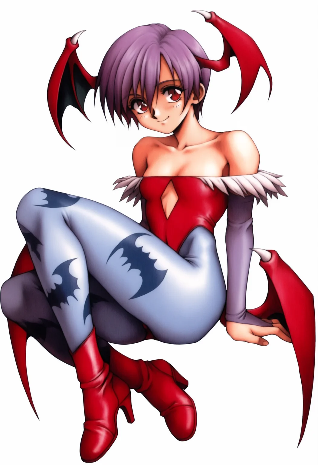masterpiece, best quality, solo, 1girl, smile, looking at viewer, <lora:FF7-Offical-Art-illus_Fp:1>, 1990s \(style\), simple background, white background, full body, <lora:Lilith-illus_Fp:1>, lilithv, red eyes, purple hair, short hair, red leotard, head wings, demon wings, blue pantyhose, bridal gauntlets, bat print, print legwear, feather trim, hair between eyes, high heel boots, red footwear, sitting,