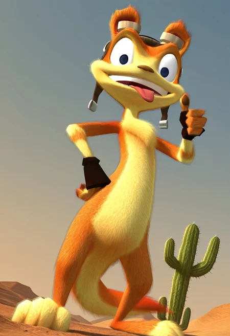 dutch angle, from front, from below, Male focus, standing, looking at viewer, thumbs up, hand on hip, open mouth, tongue out, desert, dirt, cactus,
daxter, 1boy, solo, furry, furry male, body fur, blue eyes, animal ears, animal nose, teeth, tongue, animal feet, tail, pawpads, , fingerless gloves, aviator cap, goggles, goggles on head,