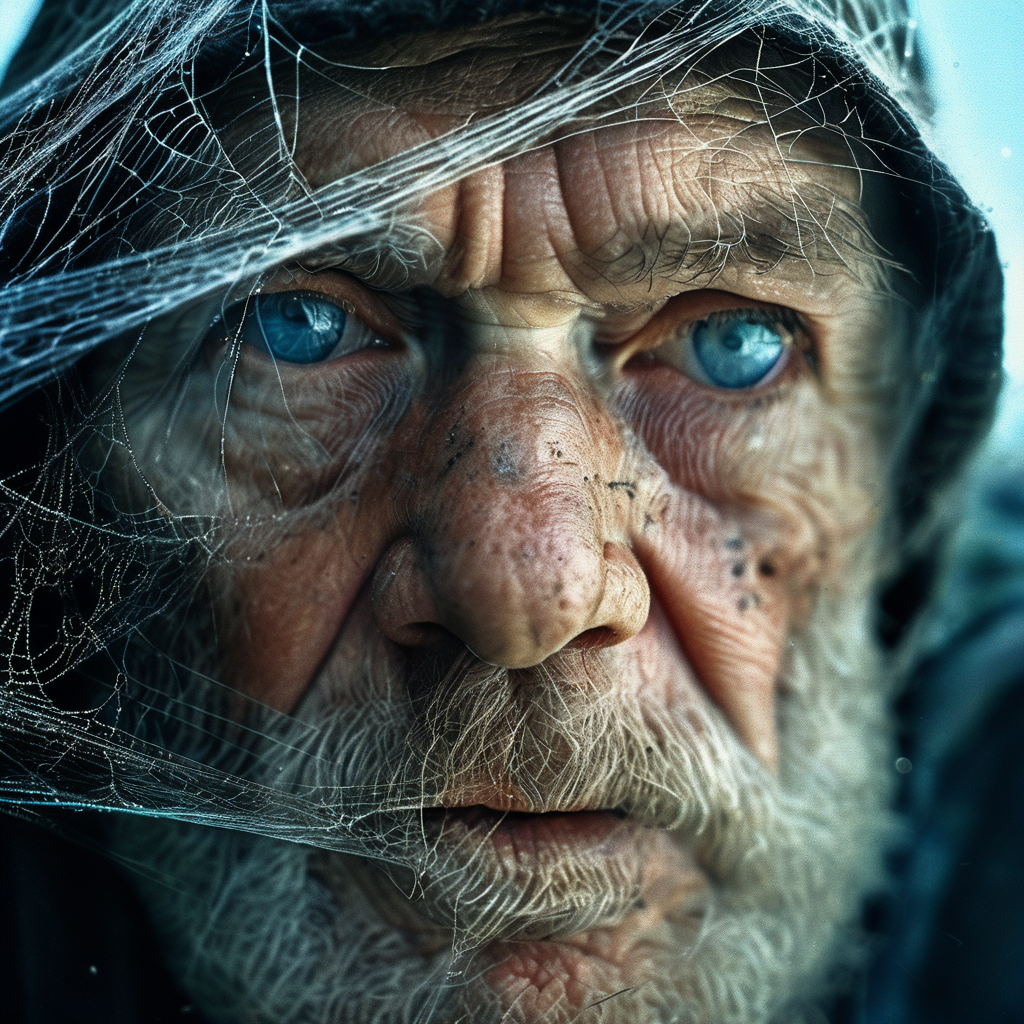 spiderweb close-up of an old man's wrinkled face, with a beard and scars, blue eyes entwined with spiderwebs, cinematic, photorealistic very detailed, professional photo <lora:spiderweb:1>