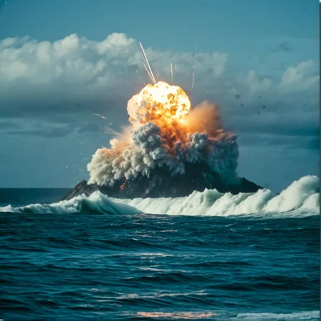 (film photography style:1.5) a volcano erupting from under the ocean, massive tsunami, medium grain <lora:SDXL_FILM_PHOTOGRAPHY_STYLE_V1:.8>