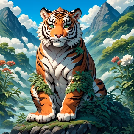 core_9, score_8_up, score_7_up, score_6_up, <lora:Ars_Niji_Style_Pony:1> ArsNijiStyle, Tiger, The image is a digital illustration of a tiger sitting on a rock in a mountainous landscape. The tiger is facing the camera with its head turned slightly to the side. Its fur is orange and black striped and its eyes are a piercing green. The background is filled with lush greenery including trees bushes and flowers. The sky is blue with white clouds and the mountains in the distance are covered in green foliage. The overall mood of the image is peaceful and serene., no humans, tiger, outdoors, flower, sky, green eyes, cloud, plant, day, looking at viewer