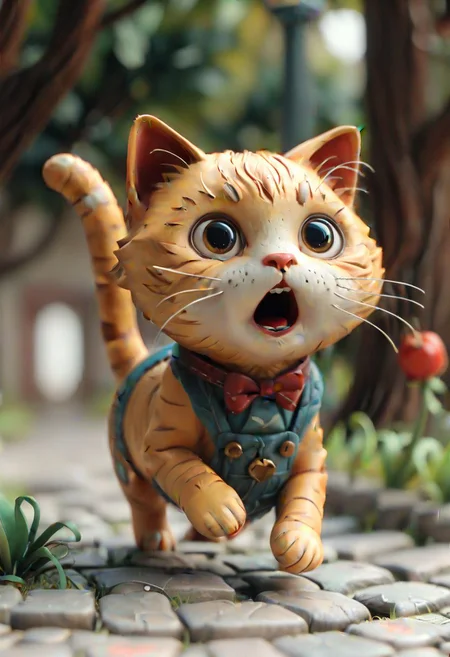 cinematic photo of a cute chibi cat running towards the viewer, detailed, masterpiece, 8K resolution