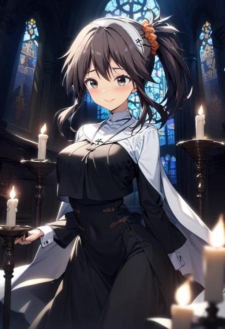 1girl, yuzuri\(memories off 8\), solo, hair scrunchie, brown hair, ponytail, one side up, black eyes, standing, nun, smile, church, candles, masterpiece, best quality, very aesthetic, absurdres, highres, 4k, 8k, intricate detail, cinematic lighting, wallpaper, <lora:aesthetic_anime_v1s:1>, <lora:yuzuri-1.3:1>