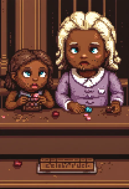 pixel art, digital art, A courtroom drama where jellybeans in powdered wigs preside over a trial against a rebellious chocolate bar accused of "melting under pressure." The scene is rendered in Baroque style with dramatic lighting and intricate details on the candy charactersâ textures. The humorous composition critiques societal judgment while reflecting on individuality in a conformist world.