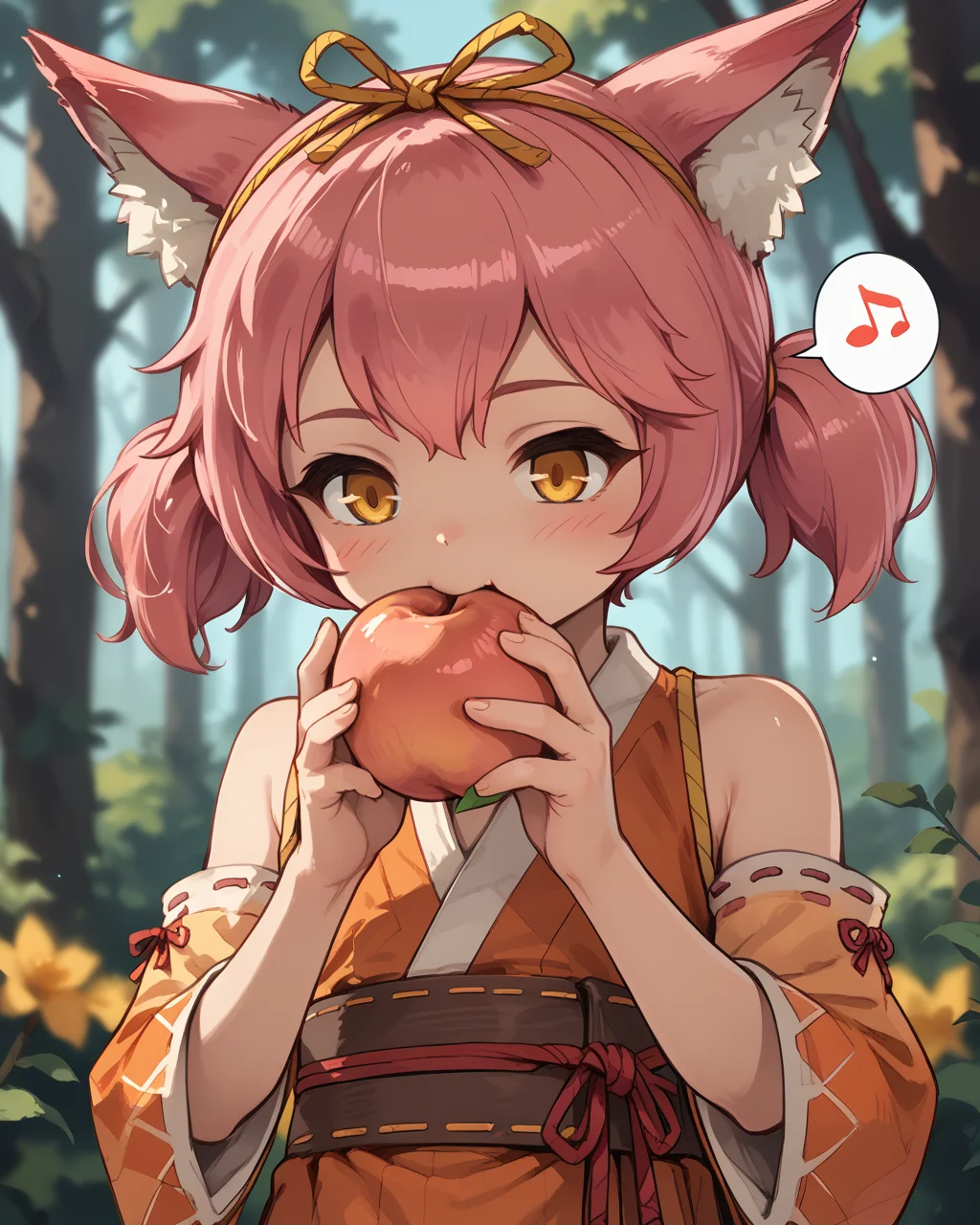 score_9:2, score_8_up, score_7_up, score_6_up, score_5_up, score_4_up, score_3_up, source_anime,
a girl(msmoonbeam, pink hair, short hair, twintails, yellow eyes, fox girl, orange obi, bare shoulders, ribbon-trimmed sleeves, japanese clothes, hands up, sash, skirt, holding fruit, peach, eating),
solo, portrait, upper body, valley, forest, foreshortening, depth of field, looking down, humming, spoken musical note,
<lora:Shade_Eunwol__Moonbeam_MapleStory_-_PonyXL_LoRA:1>