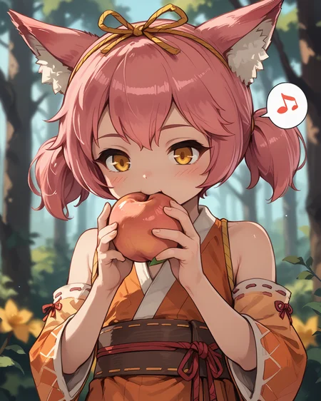 score_9:2, score_8_up, score_7_up, score_6_up, score_5_up, score_4_up, score_3_up, source_anime,
a girl(msmoonbeam, pink hair, short hair, twintails, yellow eyes, fox girl, orange obi, bare shoulders, ribbon-trimmed sleeves, japanese clothes, hands up, sash, skirt, holding fruit, peach, eating),
solo, portrait, upper body, valley, forest, foreshortening, depth of field, looking down, humming, spoken musical note,
<lora:Shade_Eunwol__Moonbeam_MapleStory_-_PonyXL_LoRA:1>