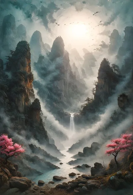 (Ink illustration on parchment, watercolor, novuschroma60 style bokeh, ink splashes, Ukiyo-E). ((watercolor)), ((Chinese landscape)), Pagodas, Red-Trees, landscape focus, small figure off-side, Japanese landscape, Rivers, Lake, Clouds, with watercolor washes, (((sakura forest landscape))), (((mist, waterfalls))), ((pink trees, sakura trees, vivid pink treetops)), (((full moon, moonbeams))), (((endless sakura forests that stretch outward to the horizon))), dotted with the ruins of an ancient destroyed civilization, crumbling stone, degraded buildings and temple, a long magical aurora borealis stretching across the sky, a broken moon high in the sky partially turned into an asteroid belt, a Saturn-like ringed-planet world, flickers of magical energy illuminating the land, in the far distance a giant wall of smoke is rising from the shattered earth in which a multitude of faces are forming and screaming, Ink splashes, rough ink sketch, Ghibli style, high contrast, stylized, dark skin, close up on face, head and shoulder, leather medieval top with lowered hood, Art Nouveau Style, detailxl, BadDream, dioramas,