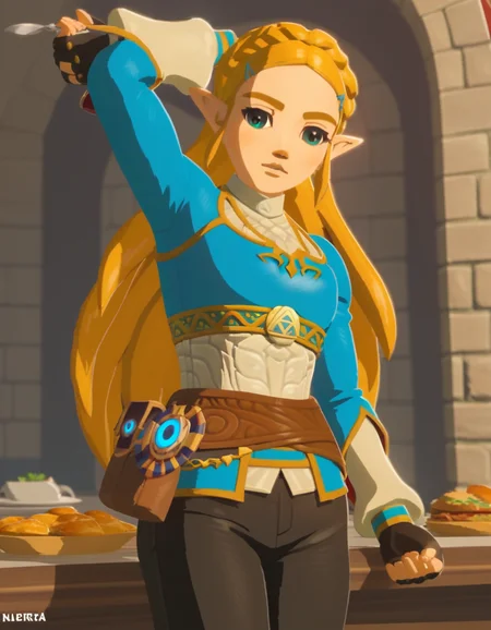 score_9, score_8_up, score_7_up, source_anime, <lora:princess-zelda-breath-of-the-wild-ingame-ponyxl-lora-nochekaiser:1>, princess zelda, long hair, blue eyes, blonde hair, hair ornament, braid, pointy ears, hairclip, 3d, gloves, long sleeves, black gloves, fingerless gloves, blue shirt, pouch, belt, pants, black pants,, restaurant, laughter, good food, warm lighting, celebration, , looking at viewer, arm up, foot crossed over, hand clenched, solo,, cowboy shot, dutch angle