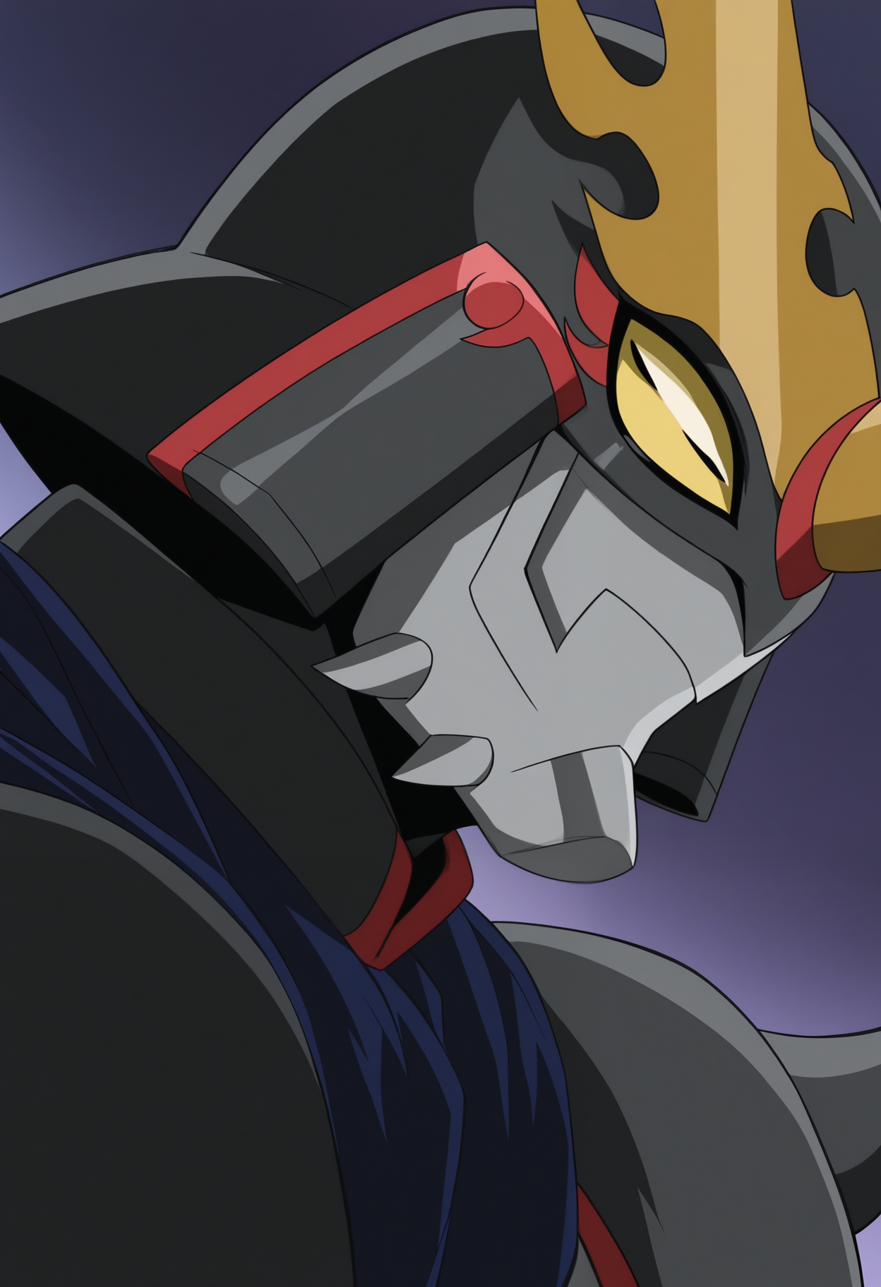 masterpiece,best quality,amazing quality, 1boy, solo, t4ct1m0n, digimon (creature), horned helmet, blue cape, spiked shoulder armor, colored sclera, face mask, close up, side angle,