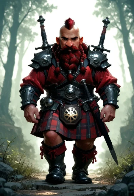 1man. Dwarf, short stature, big nose. Pauldrons. Greaves. Vambraces. chestplate. Beard with three braids. Handlebar mustache. dark red hair. Short cut mohawk. Sword sheathed on hip. celtic_men. plaid skirt. arm0rs3nt1n3l. (a person playing bgpps). lazypos. Sketch. Walking through a forest. Castle and village in background.