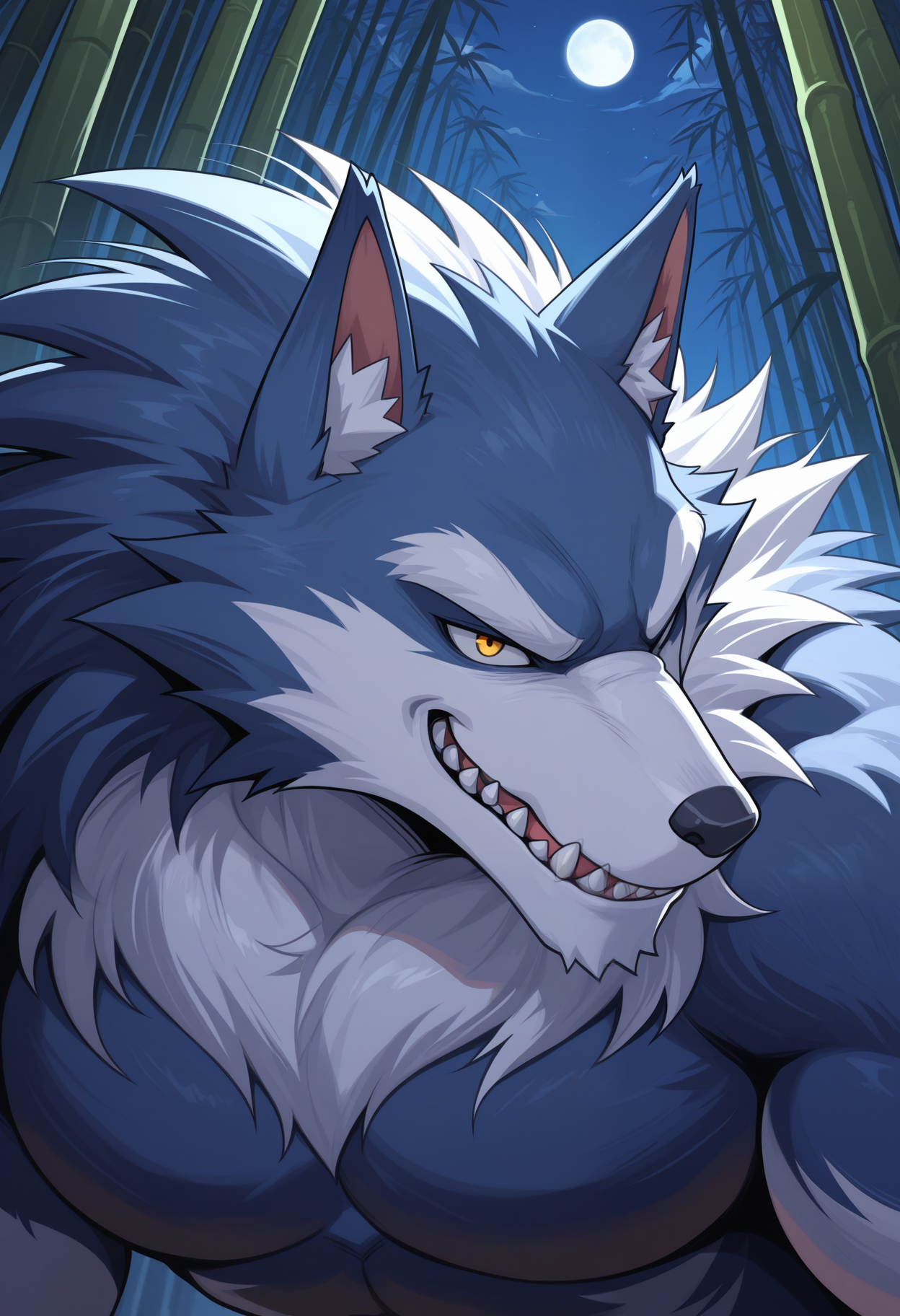 masterpiece,best quality,amazing quality, 1boy, solo, j0n, werewolf, blue fur, yellow eyes, two-tone fur, white fur, bamboo forest, night, smirk, close up, side angle,