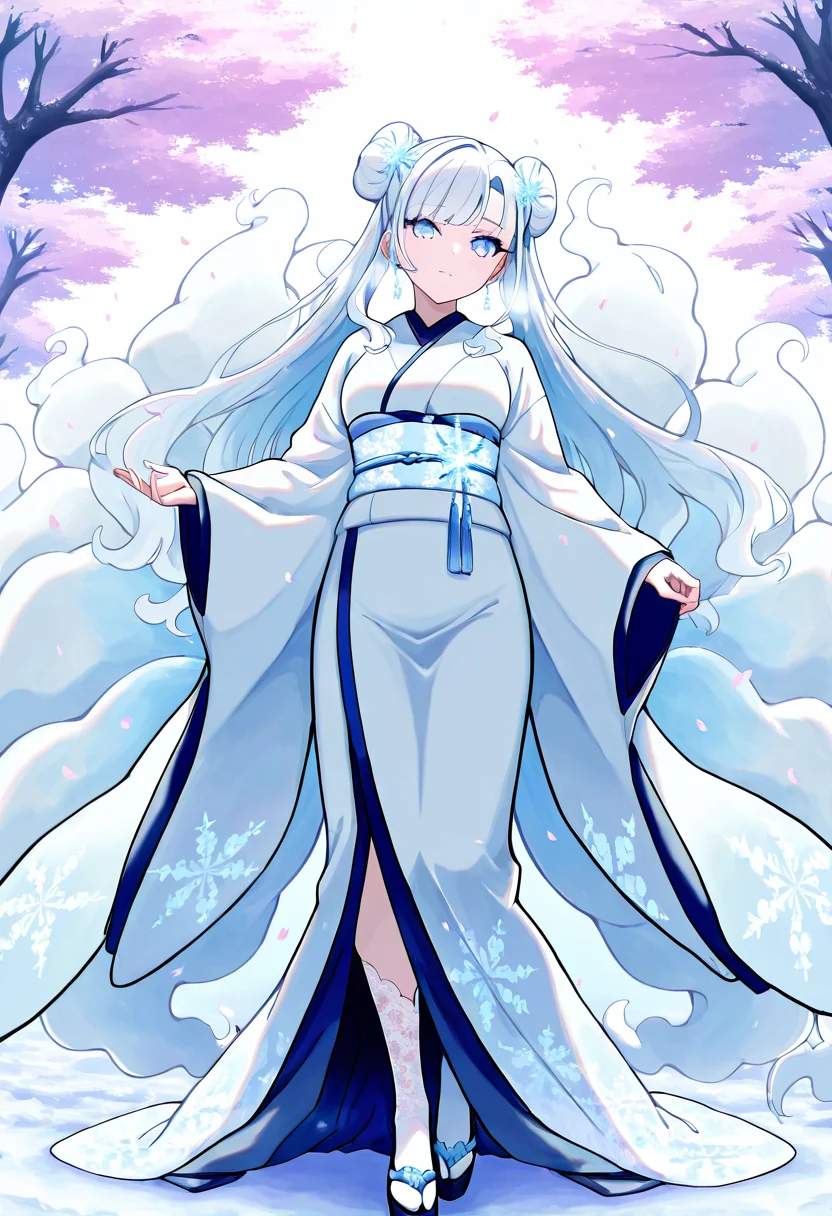 masterpiece, best quality,   zzNinetalesA, 1girl, solo, twin buns, trailing side bangs, layered kimono robe, frost-patterned sash, icy obi belt, lace-trimmed leggings, snowflake hairpin, sakura grove in snow, delicate pose. Under a canopy of frozen cherry blossoms, she stands in a poised stance, her layered kimono rippling in the frigid breeze. Frost etchings glint on her sash and sleeves as she lifts one hand gently to catch a falling petal of ice. Her breath fogs the air, matching the pale hues of the grove.  <lora:NinetalesAlolanPokedex_IXL_v1:1.0>,