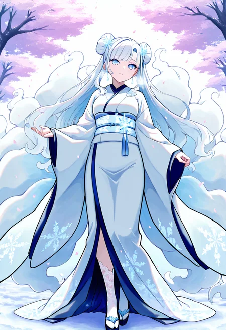 masterpiece, best quality, zzNinetalesA, 1girl, solo, twin buns, trailing side bangs, layered kimono robe, frost-patterned sash, icy obi belt, lace-trimmed leggings, snowflake hairpin, sakura grove in snow, delicate pose. Under a canopy of frozen cherry blossoms, she stands in a poised stance, her layered kimono rippling in the frigid breeze. Frost etchings glint on her sash and sleeves as she lifts one hand gently to catch a falling petal of ice. Her breath fogs the air, matching the pale hues of the grove. <lora:NinetalesAlolanPokedex_IXL_v1:1.0>,