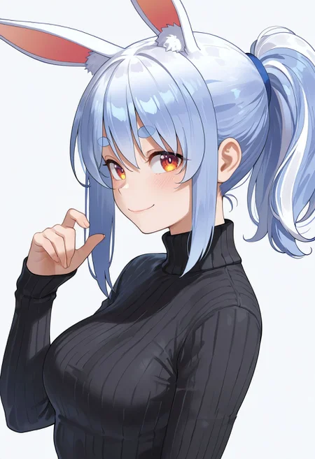 masterpiece,best quality,amazing quality,absurdres, BREAK
usada pekora, 1girl, alternate costume, alternate hairstyle, animal ear fluff, animal ears, asymmetrical hair, black sweater, blue hair, breasts, closed mouth, from side, long sleeves, looking at viewer, medium breasts, medium hair, ponytail, rabbit ears, rabbit girl, red eyes, ribbed sweater, short eyebrows, simple background, single sidelock, smile, solo, sweater, thick eyebrows, turtleneck, turtleneck sweater, upper body, virtual youtuber, white background