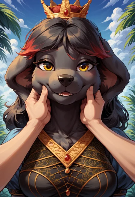 masterpiece, score_9_up, score_8_up, score_7_up, score_6_up, score_5_up, source_anime, zPDXL3, outside, outdoors, perfect eyes, 1dog girl, solo, Princess Molly, female, anthro, canine, slim body, (beautiful detailed yellow eyes), long eyelashes, black fur, short black hair, red hair tips, big floppy dog ears, animal nose, seductive look, bedroom eyes, crown, cheek pinching, pov hands, puffy cheeks BREAK detailed facial features, 4k, expressiveh, highly visible, sharp focus, anatomically correct BREAK, extremely detailed, high detail, Expressiveh, outside, detailed background