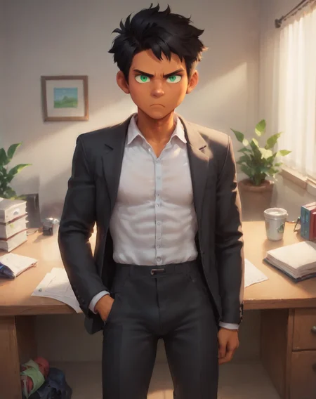 score_9, score_8_up, score_7_up, <lora:MaxCamp:0.8>, 1boy, solo, Max, black hair, green eyes, dark skin, black suit, indoors, office, frown, looking at viewer, <lora:Realistic_2.5DAnime_Merge1:0.8>