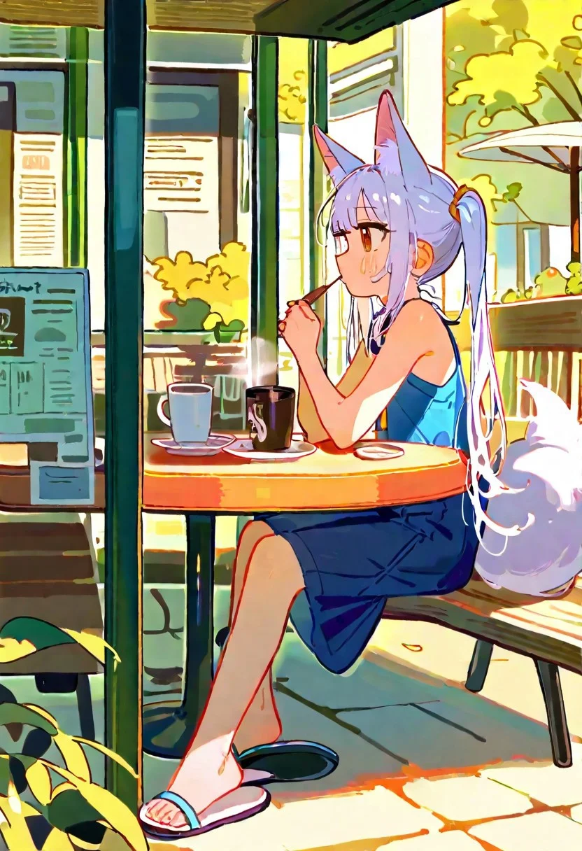 masterpiece, best quality, amazing quality, absurdres, newest, sfw,
1girls, solo, outdoors cafe, trendy outfits, shade, sitting at table, coffee, long hair, twintails, white hair, fox ear, candit shot, fox tail, hot coffee
tianliang_duohe_fangdongye:0.7