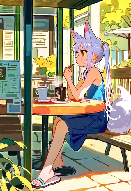 masterpiece, best quality, amazing quality, absurdres, newest, sfw,
1girls, solo, outdoors cafe, trendy outfits, shade, sitting at table, coffee, long hair, twintails, white hair, fox ear, candit shot, fox tail, hot coffee
tianliang_duohe_fangdongye:0.7